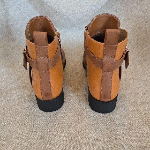 Women's Brown Vegan Leather Boots with Straps & Buckle, Size 8 - Picture 4 of 6